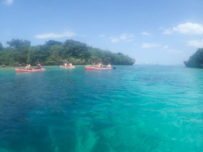 川平湾の無人島でカヤックを楽しむツアー客
