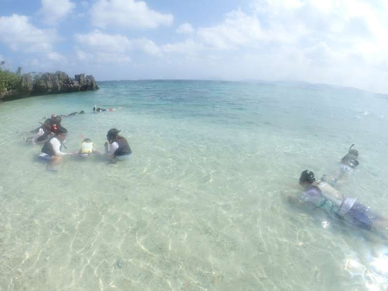 川平湾の無人島のビーチでシュノーケルを楽しむツアー客